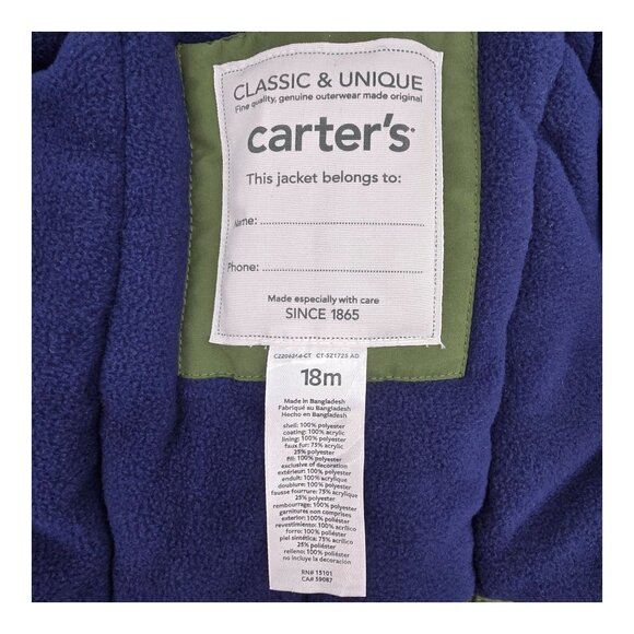 Carters Parka Jacket 18M Sherpa Lined Hooded Olive Green Faux Fur Trim NWT - Picture 5 of 15